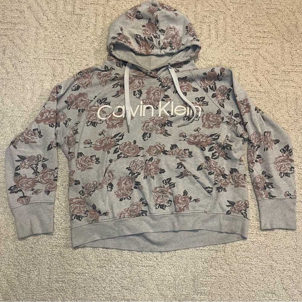 Calvin Klein Gray and Floral oversized Hoodie logo graphic print cozy XL